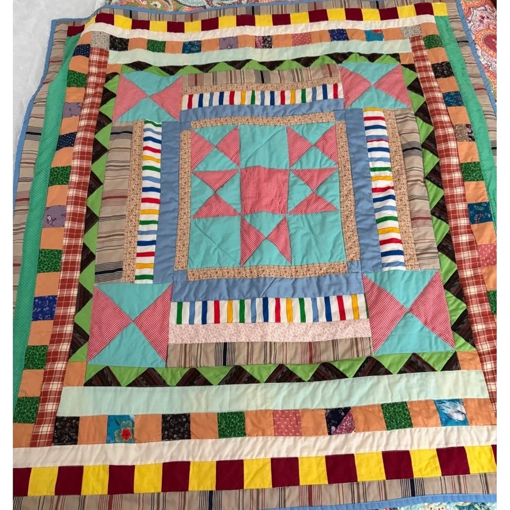 Handmade Patchwork Star Block Quilt 52x56 Throw Blanket Cottage Farmhouse Folk
